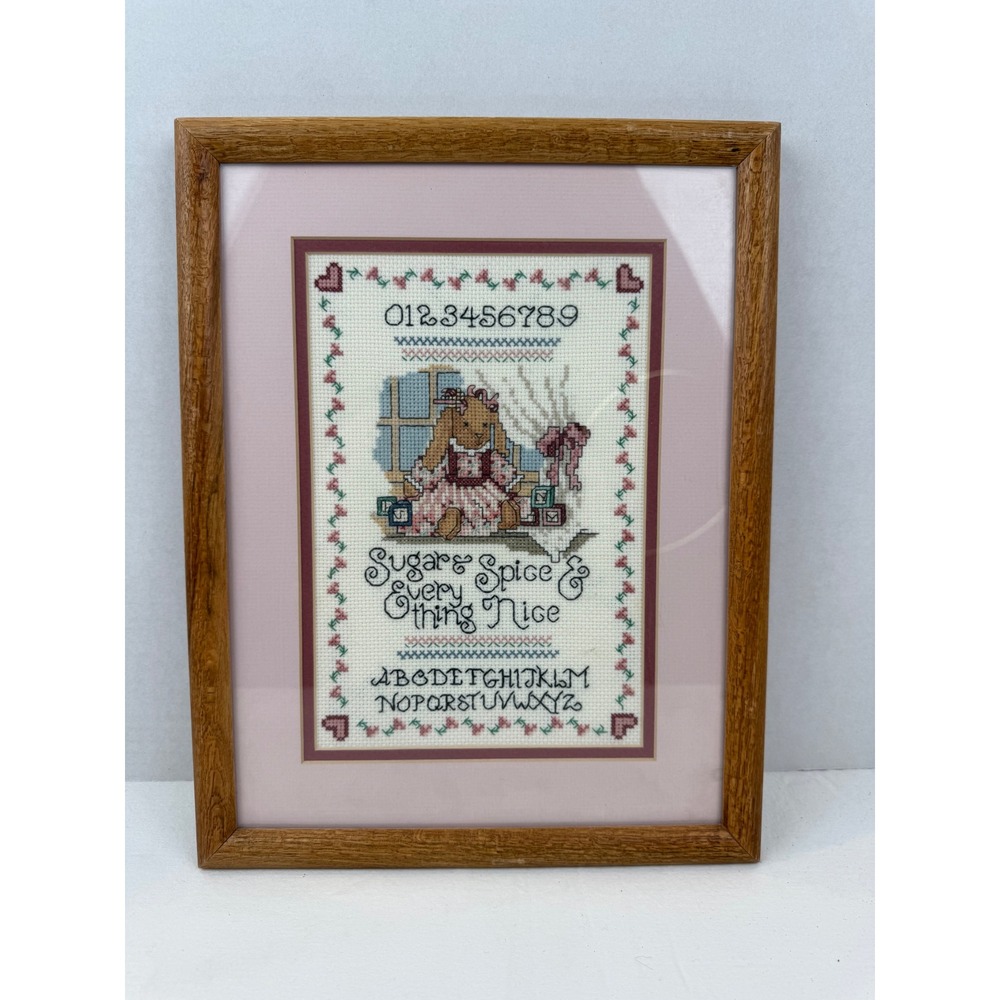 Vintage Framed Cross Stitch‎ Sampler Sugar & Spice Bunny Rabbit Nursery Wall Art
